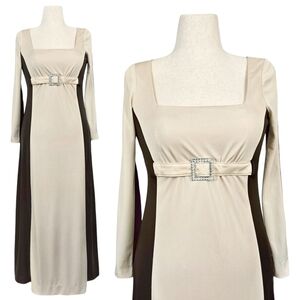 1970s Vintage Dress 70s Formal Eva Gabor Colorblock Brown S/M Small Medium Belt